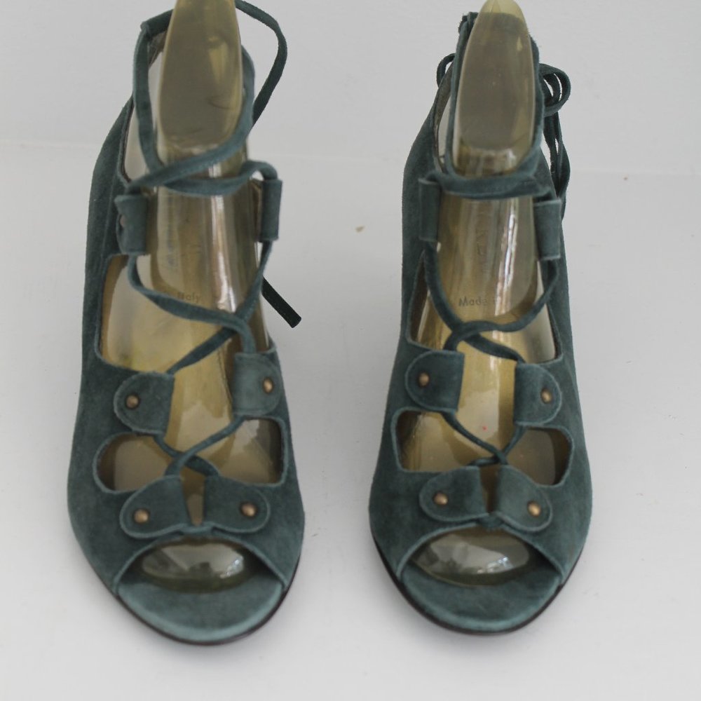 NEW J CREW Teal Open Toe Tie Lace Up Leather Suede Wedge Sandals Shoes 6.5